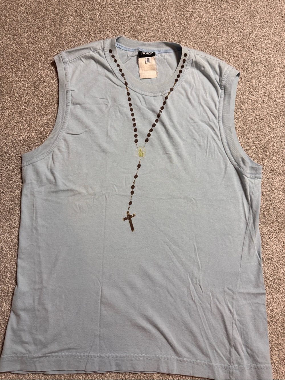 2000s Dolce & Gabbana Blue Rosary Cross Tank Top 38” Sleeve 52” Chest